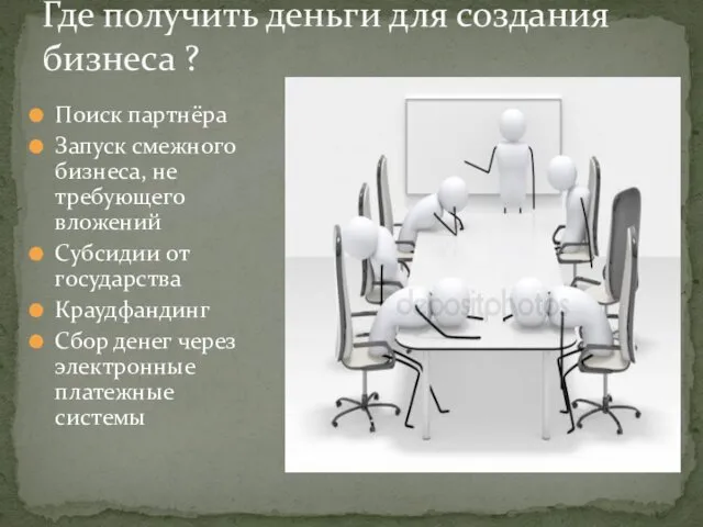 Поиск партнёра Запуск смежного бизнеса, не требующего вложений Субсидии от