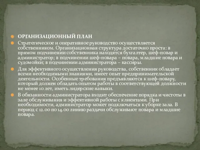 ОРГАНИЗАЦИОННЫЙ ПЛАН Стратегическое и оперативное руководство осуществляется собственником. Организационная структура