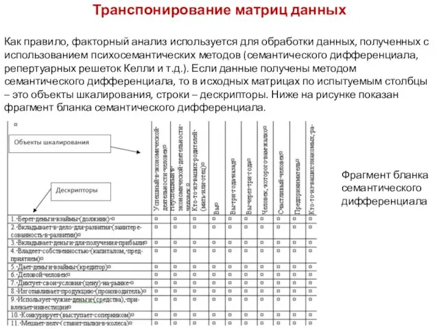 Транспонирование матриц данных Как правило, факторный анализ используется для обработки