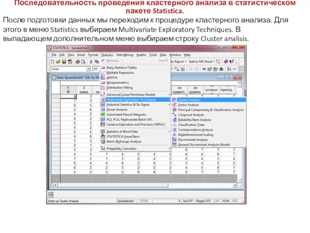 Последовательность проведения кластерного анализа в статистическом пакете Statistica. После подготовки