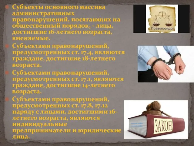 Субъекты основного массива административных правонарушений, посягающих на общественный порядок, -