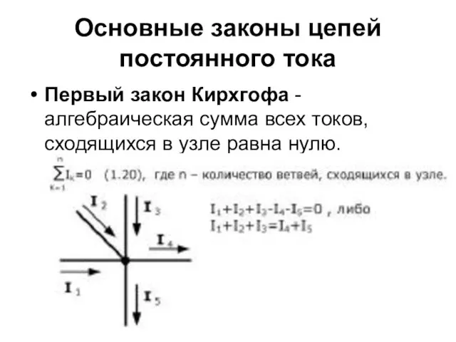 Основные законы цепей постоянного тока Первый закон Кирхгофа - алгебраическая