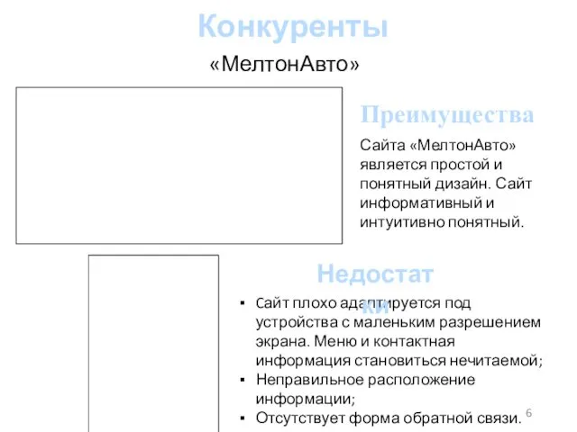 Конкуренты «МелтонАвто» Cайт плохо адаптируется под устройства с маленьким разрешением