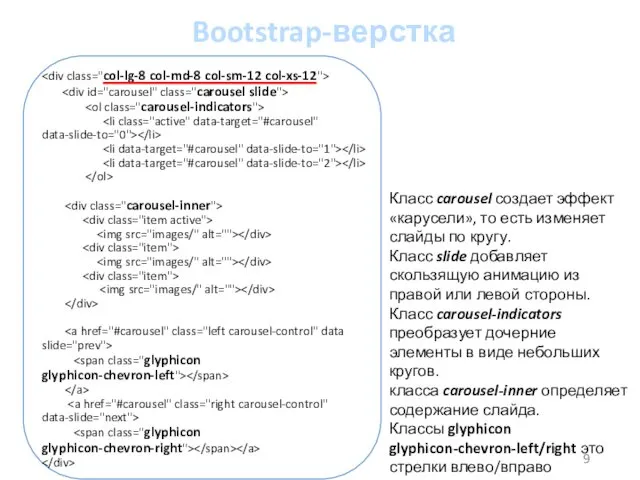 Bootstrap-верстка Класс carousel создает эффект «карусели», то есть изменяет слайды