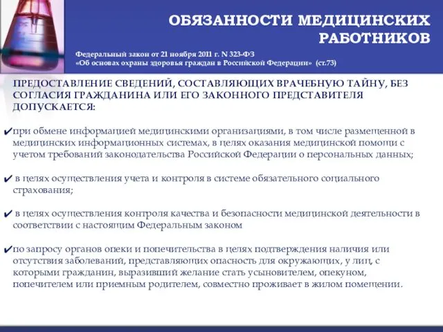 ОБЯЗАННОСТИ МЕДИЦИНСКИХ РАБОТНИКОВ Федеральный закон от 21 ноября 2011 г.