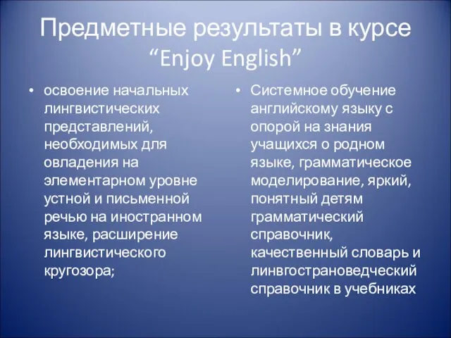 Предметные результаты в курсе “Enjoy English” освоение начальных лингвистических представлений, необходимых для овладения