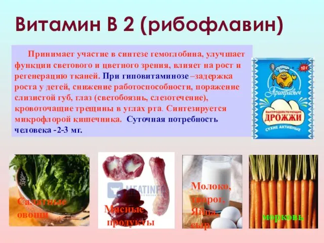 Витамин В 2 (рибофлавин) Молоко, творог, Яйца, сыр Мясные продукты Салатные овощи Принимает