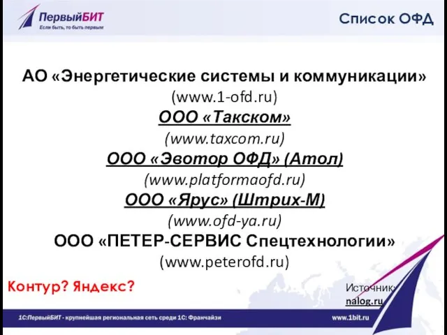 АО «Энергетические системы и коммуникации» (www.1-ofd.ru) ООО «Такском» (www.taxcom.ru) ООО