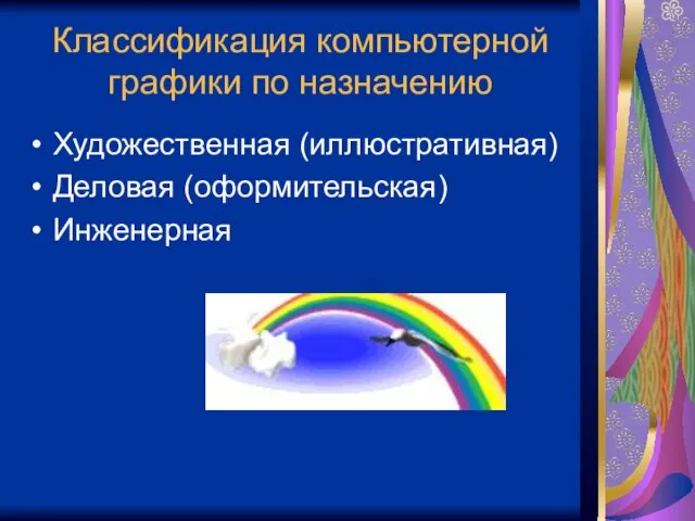 Классификация компьютерной графики по назначению Художественная (иллюстративная) Деловая (оформительская) Инженерная