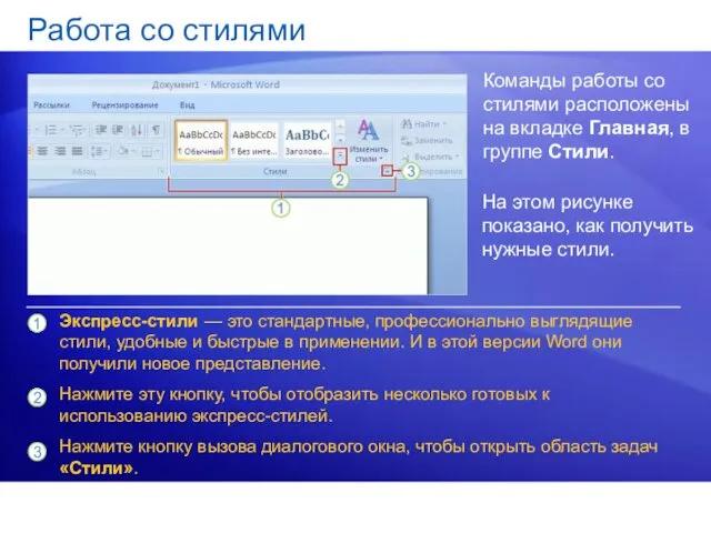 Работа со стилями Команды работы со стилями расположены на вкладке