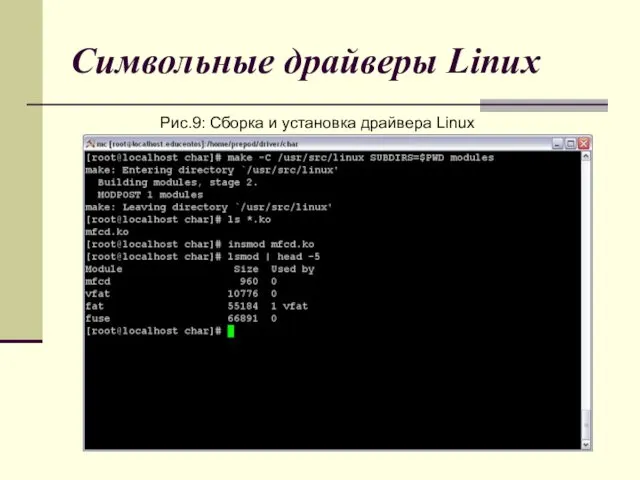 Символьные драйверы Linux Рис.9: Сборка и установка драйвера Linux
