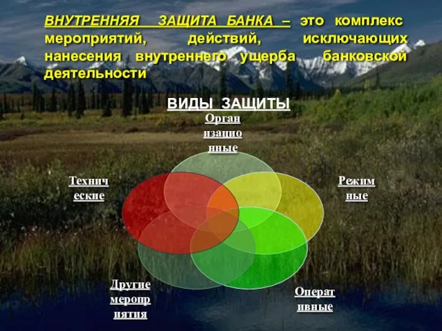 ВНУТРЕННЯЯ ЗАЩИТА БАНКА – это комплекс мероприятий, действий, исключающих нанесения внутреннего ущерба банковской деятельности ВИДЫ ЗАЩИТЫ