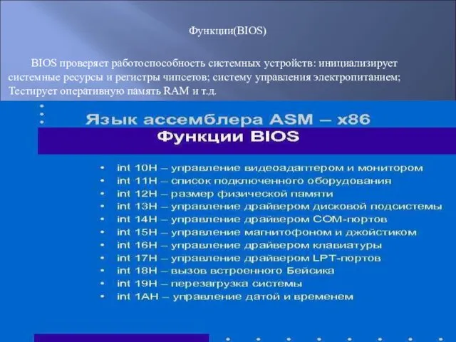 Функции(BIOS) BIOS проверяет работоспособность системных устройств: инициализирует системные ресурсы и