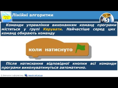 Лінійні алгоритми Команди управління виконанням команд програми містяться у групі