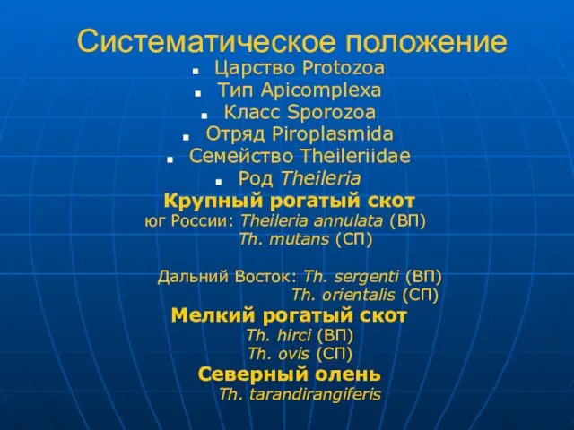 Систематическое положение Царство Protozoa Тип Apicomplexa Класс Sporozoa Отряд Piroplasmida