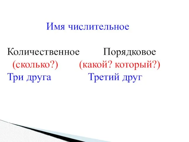 Имя числительное Количественное Порядковое (сколько?) (какой? который?) Три друга Третий друг