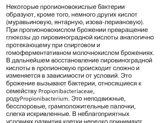 Некоторые пропионовокислые бактерии образуют, кроме того, немного других кислот (муравьиновую,