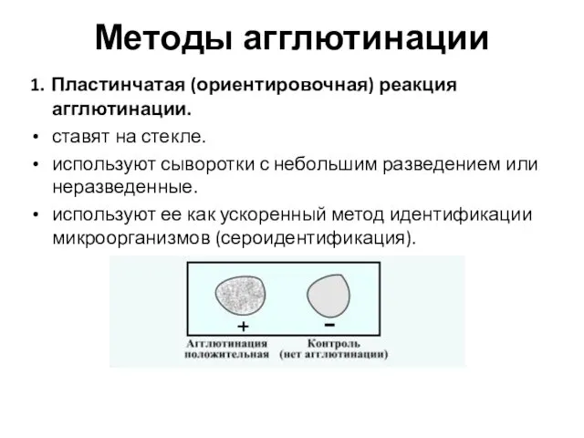 Методы агглютинации 1. Пластинчатая (ориентировочная) реакция агглютинации. ставят на стекле.