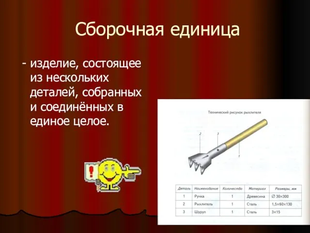 Сборочная единица - изделие, состоящее из нескольких деталей, собранных и соединённых в единое целое.