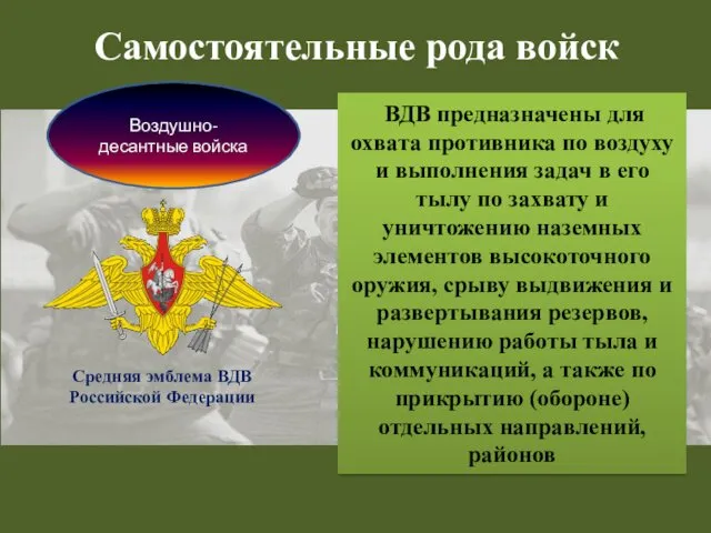 Воздушно-десантные войска ВДВ предназначены для охвата противника по воздуху и