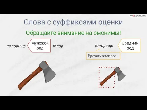 Слова с суффиксами оценки Обращайте внимание на омонимы! топорище топор Мужскойрод топорище Рукоятка топора Среднийрод