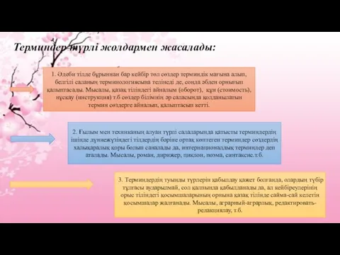 Терминдер түрлі жолдармен жасалады: 1. Әдеби тілде бұрыннан бар кейбір