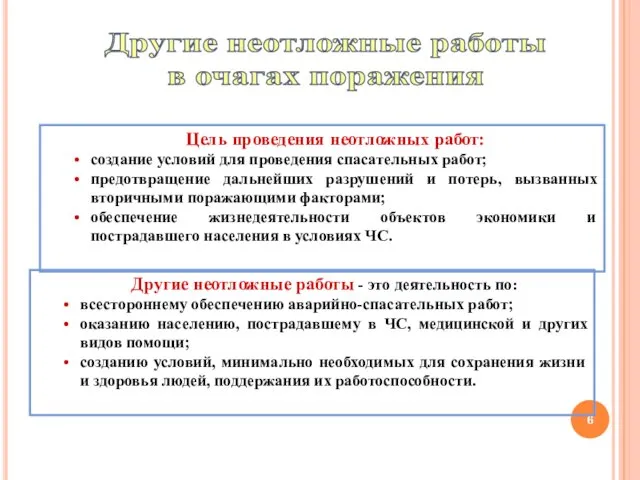 Другие неотложные работы - это деятельность по: всестороннему обеспечению аварийно-спасательных работ; оказанию населению,