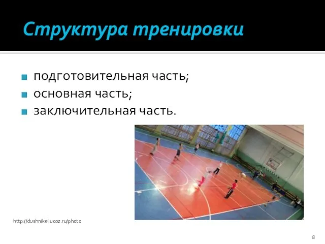 Структура тренировки подготовительная часть; основная часть; заключительная часть. http://dushnikel.ucoz.ru/photo