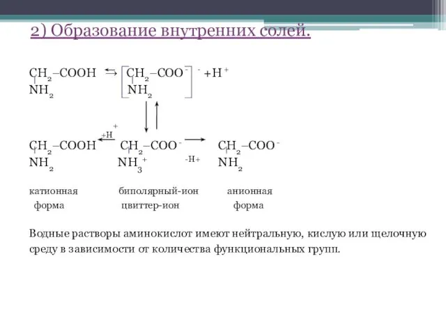 2) Образование внутренних солей. CH2–COOH → CH2–COO - - +H