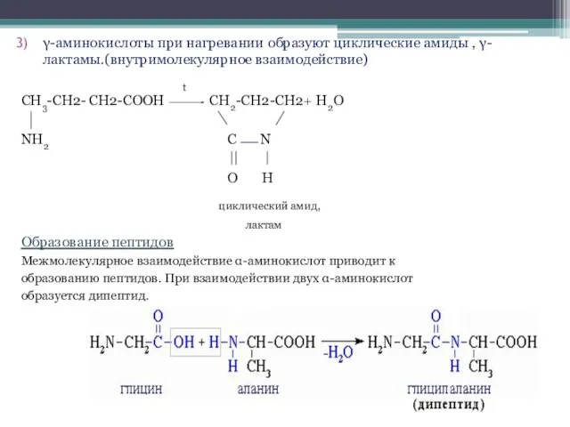 γ-аминокислоты при нагревании образуют циклические амиды , γ-лактамы.(внутримолекулярное взаимодействие) t