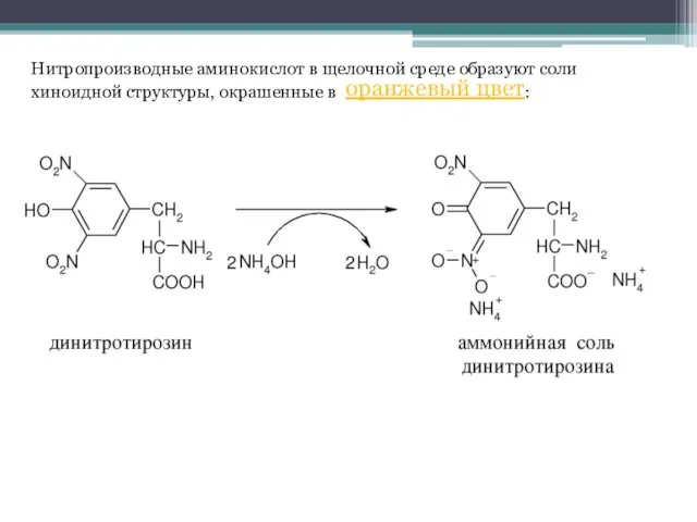 Нитропроизводные аминокислот в щелочной среде образуют соли хиноидной структуры, окрашенные в : оранжевый цвет