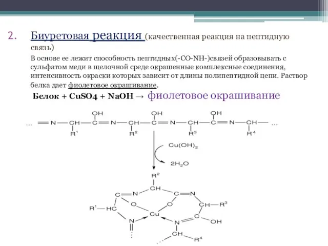 Биуретовая реакция (качественная реакция на пептидную связь) В основе ее