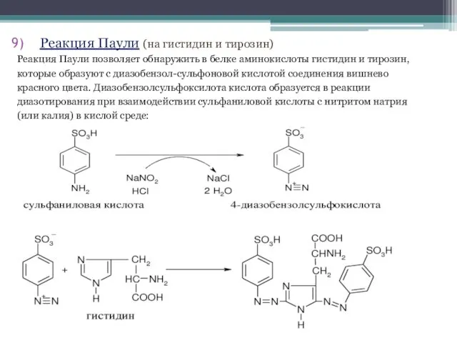 Реакция Паули (на гистидин и тирозин) Реакция Паули позволяет обнаружить