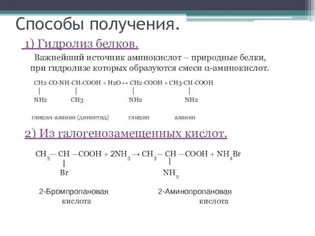 Способы получения. 1) Гидролиз белков. Важнейший источник аминокислот – природные