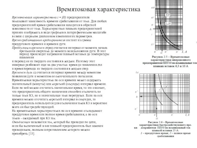 Времятоковая характеристика Времятоковая характеристика t = f(I) предохранителя показывает зависимость времени срабатывания от