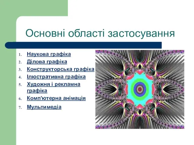 Основні області застосування Наукова графіка Ділова графіка Конструкторська графіка Ілюстративна