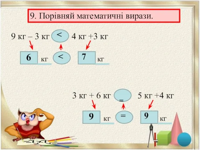 9. Порівняй математичні вирази. 9 кг – 3 кг 4