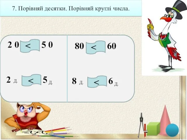 7. Порівняй десятки. Порівняй круглі числа. 2 0 5 0