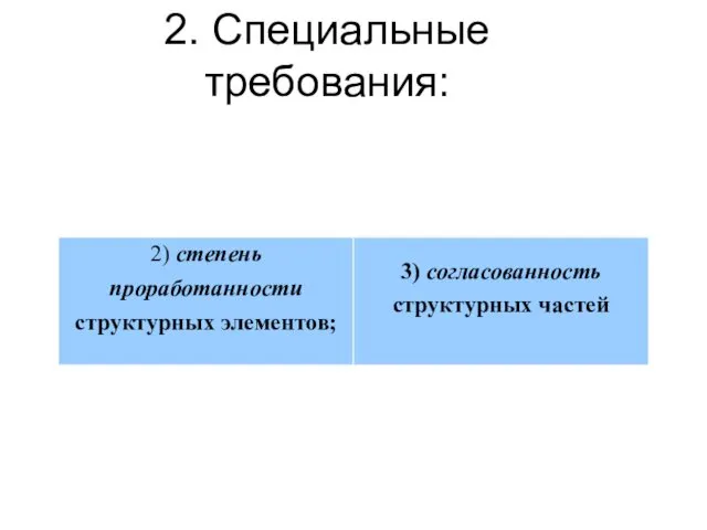 2. Специальные требования: 2) степень проработанности структурных элементов; 3) согласованность структурных частей