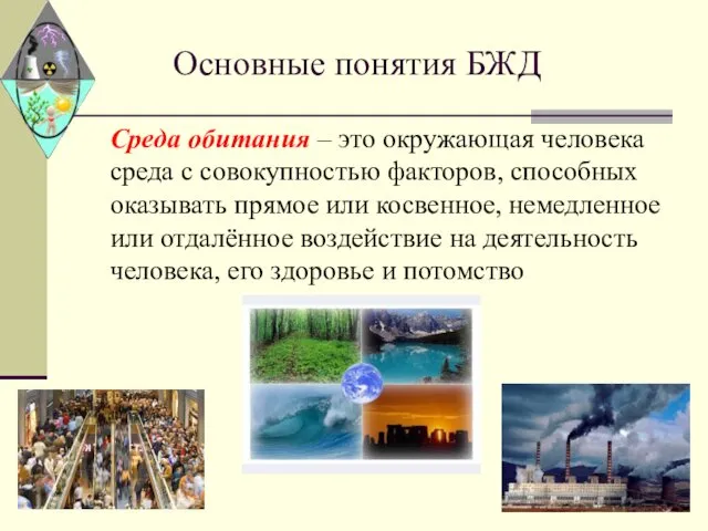 Основные понятия БЖД Среда обитания – это окружающая человека среда