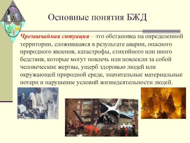 Основные понятия БЖД Чрезвычайная ситуация – это обстановка на определенной