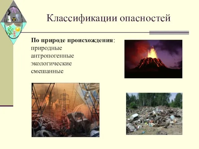 Классификации опасностей По природе происхождения: природные антропогенные экологические смешанные