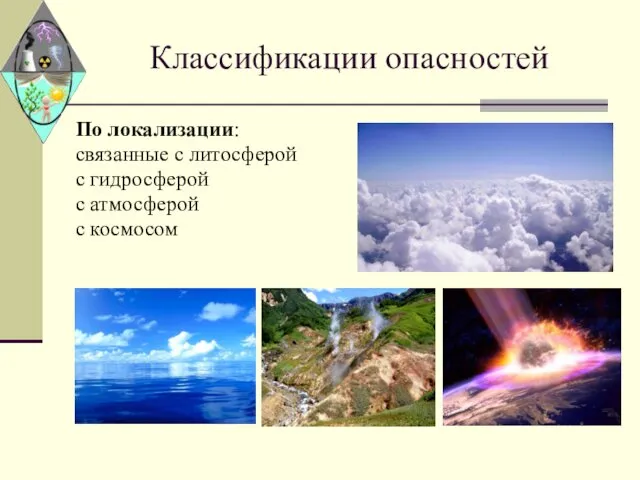 Классификации опасностей По локализации: связанные с литосферой с гидросферой с атмосферой с космосом