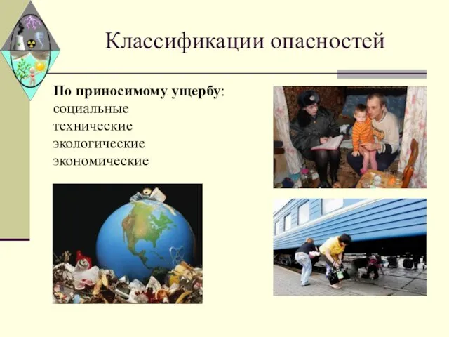 Классификации опасностей По приносимому ущербу: социальные технические экологические экономические