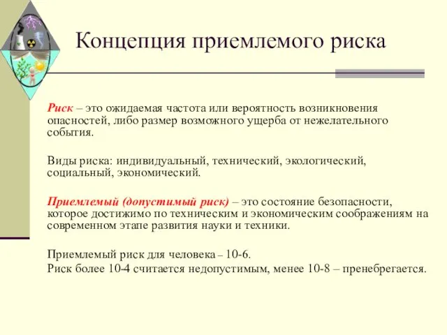 Концепция приемлемого риска Риск – это ожидаемая частота или вероятность