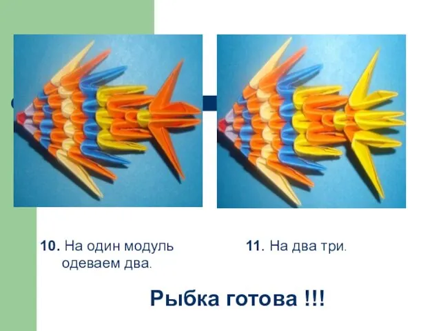 10. На один модуль одеваем два. 11. На два три. Рыбка готова !!!