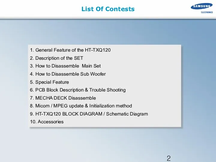 List Of Contests 1. General Feature of the HT-TXQ120 2.