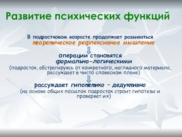 Развитие психических функций В подростковом возрасте продолжает развиваться теоретическое рефлексивное