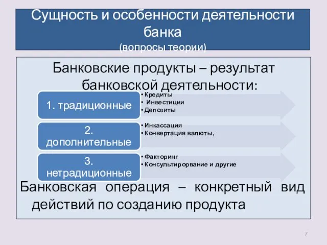 Сущность и особенности деятельности банка (вопросы теории) Банковские продукты –