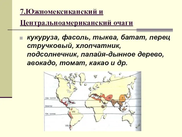 7.Южномексиканский и Центральноамериканский очаги кукуруза, фасоль, тыква, батат, перец стручковый,